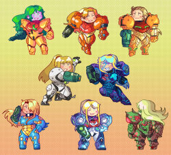 Rule 34 | aiming, arm cannon, blonde hair, chibi, fusion suit, glowing, green hair, hair slicked back, highres, hoshizora lone, light suit (metroid), long hair, metroid, metroid (classic), metroid dread, metroid fusion, metroid prime, metroid prime 2: echoes, metroid prime 3: corruption, multiple persona, nintendo, official alternate costume, ped suit, ponytail, power suit, power suit (metroid), samus aran, standing, super metroid, varia suit, weapon