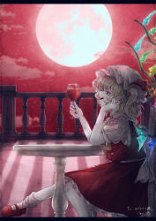 Rule 34 | 1girl, absurdres, ascot, back bow, blonde hair, bow, cup, drinking glass, fingernails, flandre scarlet, fleuriste, foot out of frame, frilled shirt collar, frills, from side, glowing, glowing wings, hand on own cheek, hand on own face, hat, highres, holding, holding cup, leaning on table, letterboxed, mary janes, medium hair, mob cap, moon, multicolored wings, nail polish, on chair, open mouth, outdoors, puffy short sleeves, puffy sleeves, red eyes, red footwear, red moon, red nails, red skirt, red sky, red vest, sharp fingernails, shirt, shoes, short sleeves, side ponytail, sitting, skirt, skirt set, sky, socks, solo, touhou, vest, white bow, white hat, white shirt, white socks, wine glass, wings, yellow ascot