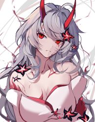 Rule 34 | 1girl, absurdres, acheron (honkai: star rail), ahoge, arms under breasts, bare shoulders, blood, bloody tears, breasts, cleavage, collarbone, flower, head tilt, highres, honkai: star rail, honkai (series), horns, japanese clothes, kimono, large breasts, long hair, looking at viewer, markings, neck, off shoulder, parted lips, red eyes, red flower, red horns, red tattoo, red trim, solo, sparks summer, upper body, white background, white hair, white kimono
