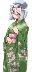 Rule 34 | 1girl, alternate costume, blush, female focus, gengorou, green kimono, japanese clothes, kimono, konpaku youmu, simple background, solo, touhou, white background, yukata