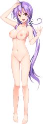 Rule 34 | 1girl, absurdres, arm up, artist request, barefoot, breasts, character request, completely nude, copyright request, full body, hand on own head, highres, large breasts, long hair, looking at viewer, navel, nipples, no pussy, nude, open mouth, orange eyes, ponytail, purple hair, solo, transparent background, very long hair