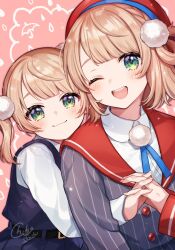 Rule 34 | 2girls, :3, aged down, artist name, belt, beret, black belt, blonde hair, blue dress, blunt bangs, blush, braid, closed mouth, collared shirt, commentary, commentary request, dress, dual persona, green eyes, hair ornament, hair rings, hat, highres, indie virtual youtuber, long sleeves, looking at viewer, multiple girls, one eye closed, open mouth, pink background, pinstripe jacket, pinstripe pattern, pom pom (clothes), pom pom hair ornament, red headwear, shigure ui (vtuber) (1st costume), shigure ui (vtuber), shigure ui (vtuber) (young), shinishi chiho, shirt, short hair, side braid, signature, simple background, striped, teeth, twintails, upper body, virtual youtuber, white shirt