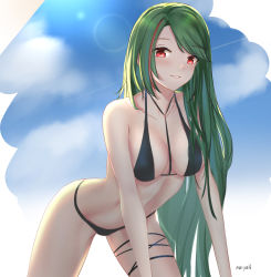 Rule 34 | 1girl, artist name, azur lane, bare arms, bare shoulders, bikini, black bikini, blue sky, breasts, collarbone, cowboy shot, day, green hair, grin, highres, leaning forward, littorio (azur lane), littorio (the glory of naples) (azur lane), long hair, looking at viewer, maoyao-ll, medium breasts, multicolored hair, parted lips, red eyes, red hair, signature, sky, smile, solo, standing, stomach, strap, streaked hair, swept bangs, swimsuit, thigh strap, thighs, very long hair