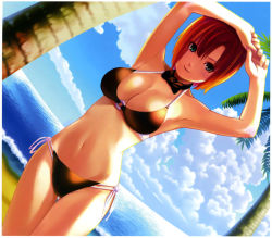 Rule 34 | 1girl, armpits, arms up, bare shoulders, beach, bikini, black bikini, bow, bowtie, breasts, cleavage, cloud, contrapposto, dutch angle, fingernails, green eyes, highres, koutaro, long fingernails, looking at viewer, nail polish, navel, o-ring, o-ring top, palm tree, red hair, rio rollins, scan, short hair, side-tie bikini bottom, sky, smile, solo, standing, super blackjack, swimsuit, thigh gap, tree