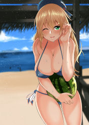 Rule 34 | 10s, 1girl, ;o, alternate costume, atago (kancolle), bare arms, bare shoulders, beach, beret, bikini, blonde hair, blue bikini, blue hat, blurry, blush, breasts, cleavage, cloud, collarbone, covered erect nipples, cowboy shot, day, depth of field, food, fruit, green eyes, hand in own hair, hat, highres, holding, holding food, holding fruit, horizon, kantai collection, kayumidome, large breasts, leaning forward, long hair, looking at viewer, ocean, one eye closed, open mouth, outdoors, sand, shore, side-tie bikini bottom, silhouette, smile, solo, standing, swimsuit, water, water drop, watermelon, wet, wet hair