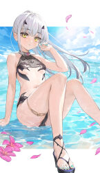 Rule 34 | 1girl, beach, bikini, black bikini, blue sky, breasts, closed mouth, commentary request, day, fate/grand order, fate (series), fingernails, floating hair, flower, green nails, grey hair, hair between eyes, hair ornament, harupy, highres, long hair, looking at viewer, melusine (fate), melusine (swimsuit ruler) (fate), ocean, outdoors, partially submerged, ponytail, purple flower, sandals, sitting, sky, small breasts, solo, sunlight, swimsuit, toenails, toes, water, yellow eyes