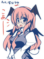 Rule 34 | 1girl, :d, bat wings, bespectacled, between breasts, blush, breasts, demon tail, dress shirt, embodiment of scarlet devil, female focus, glasses, head wings, impossible clothes, koa (phrase), koakuma, long hair, long sleeves, medium breasts, muted color, necktie, oborotsuki kakeru, open mouth, red eyes, red hair, shirt, simple background, skirt, skirt set, smile, solo, tail, touhou, v arms, vest, wings