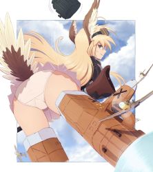 Rule 34 | 1girl, ass, bf 109, blonde hair, blue eyes, blue sky, border, cloud, drum magazine, goggles, goggles on head, hanna-justina marseille, highres, long hair, looking at viewer, magazine (weapon), outside border, panties, raps (yohomeboyraps), sky, smile, solo, striker unit, thighs, underwear, unworn headwear, white border, white panties, world witches series