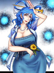 Rule 34 | 1girl, arm up, between fingers, blue dress, blue eyes, blue hair, breasts, cleavage, collared vest, commentary request, cowboy shot, dress, energy ball, flower, hair between eyes, hair ornament, hair rings, hair stick, highres, holding, huge breasts, kaku seiga, lipstick, looking at viewer, makeup, medium bangs, medium hair, mole, mole on breast, mole under mouth, ofuda, ofuda between fingers, open clothes, open vest, ryuuichi (f dragon), short sleeves, smile, solo, tools, touhou, vest, wavy hair, white background, yellow flower