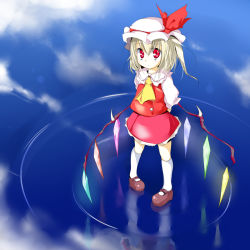 Rule 34 | 1girl, arms behind back, ascot, blonde hair, brown footwear, cloud, female focus, flandre scarlet, hat, hat ribbon, highres, kneehighs, mob cap, oouso, puffy short sleeves, puffy sleeves, red eyes, red ribbon, red skirt, reflection, ribbon, shoes, short sleeves, skirt, socks, solo, standing, standing on liquid, touhou, vest, white socks, wings, yellow ascot