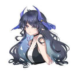 Rule 34 | 1girl, arknights, bare shoulders, black hair, black vest, blue eyes, cropped arms, cropped torso, hair over one eye, highmore (arknights), highres, long hair, looking at viewer, mabing, parted lips, pointy ears, shirt, simple background, solo, vest, water, wavy hair, white background, white shirt