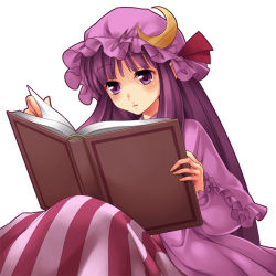 Rule 34 | 1girl, bad id, bad pixiv id, blush, book, crescent, crescent hat ornament, female focus, hat, hat ornament, long hair, patchouli knowledge, photoshop (medium), purple eyes, purple hair, ribbon, simple background, sitting, solo, touhou, white background, x-k