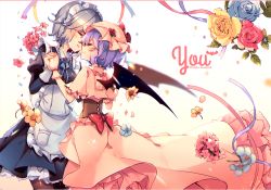 Rule 34 | 2girls, ^ ^, apron, bat wings, beige background, black legwear, blue dress, blue flower, blue hair, blue ribbon, blue rose, blush, bow, braid, capelet, closed eyes, commentary request, corset, dress, flower, frilled apron, frills, gradient background, hand up, hat, hat flower, hat ribbon, holding hands, izayoi sakuya, juliet sleeves, kirero, long sleeves, maid, maid apron, maid headdress, mob cap, multiple girls, pantyhose, parted lips, petticoat, pink capelet, pink dress, pink headwear, pink ribbon, pocket, profile, puffy sleeves, purple ribbon, red bow, red flower, red ribbon, red rose, remilia scarlet, ribbon, rose, short hair, silver hair, smile, touhou, twin braids, white apron, white background, wings, yellow flower, yellow rose, yuri