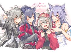 Rule 34 | 4girls, :d, ^ ^, animal ears, arknights, arm behind head, arm up, bare shoulders, black jacket, black necktie, black shirt, black skirt, blush, closed eyes, closed mouth, collared shirt, commentary request, crossed arms, ear piercing, fang, fang out, grey hair, grin, hair between eyes, hair ornament, hairclip, highres, hood, hooded jacket, jacket, lappland (arknights), long hair, long sleeves, mirui, multiple girls, necktie, off-shoulder shirt, off shoulder, open clothes, open jacket, open mouth, piercing, projekt red (arknights), provence (arknights), purple hair, red headwear, red jacket, red shirt, see-through, shirt, short sleeves, skirt, smile, texas (arknights), translation request, v-shaped eyebrows, very long hair, visor cap, white shirt