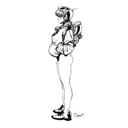 Rule 34 | 1girl, ass, backpack, bag, bare legs, breasts, chin strap, choppy bangs, closed mouth, darren geers, from side, greyscale, hands in pockets, helmet, highres, hood, hoodie, jitome, knees, large breasts, legs, long sleeves, looking ahead, mechanical parts, monochrome, original, oversized clothes, panties, print hoodie, puckered lips, shoes, signature, simple background, sneakers, solo, standing, underwear, white background