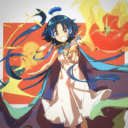Rule 34 | 1girl, arknights, bangle, blue cape, blue hair, bracelet, breasts, cape, commentary, conviction (arknights), cowboy shot, dadijiji, disembodied hand, dress, feather hair, feathers, grin, hair ornament, highres, jewelry, looking at viewer, orange eyes, parted bangs, pointing, pointing at viewer, short hair with long locks, sleeveless, sleeveless dress, small breasts, smile, solo, symbol-only commentary, tomato, white dress