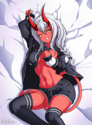Rule 34 | 1girl, absurdres, arm up, bed sheet, black shirt, black shorts, black thighhighs, braid, breasts, clothes lift, colored skin, demon girl, demon horns, demon tail, ember (jay flare), eye contact, from above, grey hair, grin, highres, horns, jay flare, large breasts, looking at another, looking at viewer, lying, midriff, navel, on back, original, pointy ears, red horns, red skin, shiny skin, shirt, shirt lift, shorts, smile, solo, stomach, swimsuit, tail, teeth, thighhighs, white hair, yellow eyes