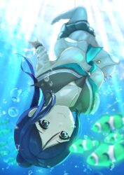Rule 34 | 1girl, blue hair, breasts, bubble, clownfish, collarbone, commentary, diving, fish, high ponytail, highres, large breasts, long hair, love live!, love live! sunshine!!, matsuura kanan, ponytail, purple eyes, school uniform, sidelocks, solo focus, swimming, symbol-only commentary, tropical fish, underwater, upside-down, uranohoshi school uniform, yanase eiwa