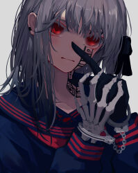 Rule 34 | 1girl, 8rk9, black gloves, blue sailor collar, blue shirt, blush, collarbone, cuffs, earclip, facial tattoo, gloves, grey hair, hair between eyes, handcuffs, head tilt, highres, index finger raised, long bangs, long sleeves, looking at viewer, medium hair, neck tattoo, neckerchief, original, red eyes, red neckerchief, sailor collar, school uniform, serafuku, shirt, sidelocks, simple background, skeletal hand, solo, straight-on, straight hair, tattoo, upper body, white background