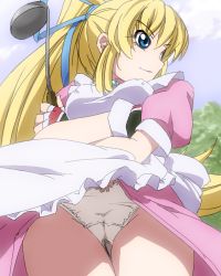 Rule 34 | 1girl, apron, blonde hair, blue eyes, cameltoe, ladle, lilith aileron, lowres, panties, pantyshot, ponytail, solo, tales of (series), tales of destiny, tunnel (artist), underwear, upskirt, white panties