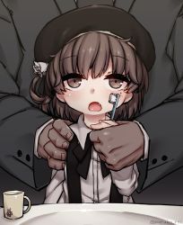 Rule 34 | 1boy, 1girl, beret, black beret, black hat, black ribbon, blouse, blush, brown eyes, brown hair, collared shirt, commentary request, fang, flower, formal, hair flower, hair ornament, hat, hatoba tsugu, holding, holding hands, long sleeves, mole, mole under eye, neck ribbon, open mouth, ribbon, rutsubo, shirt, short hair, size difference, standing, suit, suspenders, toothbrush, upper body, virtual youtuber, white flower, white shirt, wing collar
