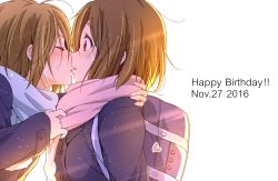 Rule 34 | !, !!, 2016, 2girls, :o, backpack, bag, bag charm, blue scarf, blush, brown eyes, brown hair, buttons, charm (object), coat, dated, dresstrip, english text, eyelashes, closed eyes, face-to-face, female focus, friends, hair down, happy birthday, heart, hirasawa yui, hug, k-on!, kiss, long sleeves, looking at another, messy hair, motion blur, multiple girls, open mouth, pink scarf, profile, pulling, red eyes, scarf, scarf pull, school bag, school uniform, short hair, simple background, sleeves past wrists, snowing, sunlight, surprised, tainaka ritsu, upper body, white background, yuri