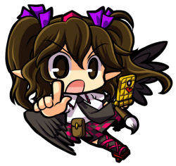 Rule 34 | 1girl, black wings, brown eyes, brown hair, brush, camera phone, cellphone, checkered clothes, checkered skirt, chibi, female focus, full body, hair ribbon, hat, himekaidou hatate, leg ribbon, miniskirt, necktie, open mouth, phone, pleated skirt, pointing, pointy ears, purple skirt, ribbon, shirt, simple background, skirt, socha, solo, touhou, twintails, white background, wings