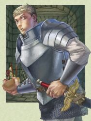 Rule 34 | 1boy, absurdres, armor, black hair, blonde hair, bowl, chainmail, cheek bulge, chopsticks, cowboy shot, dungeon, dungeon meshi, eating, food, from side, gorget, grey eyes, grey hair, highres, holding, holding bowl, holding sword, holding weapon, kensuke (dungeon meshi), laios touden, lion, looking at viewer, looking to the side, male focus, multicolored hair, mushroom, outside border, parted lips, pauldrons, plate armor, shirt, short hair, shoulder armor, solo, spilling, sword, two-tone hair, vambraces, vegetable, weapon, white shirt, winged sword, yomoyama yotabanashi