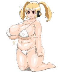 Rule 34 | 1girl, bikini, blonde hair, breasts, cleavage, covered erect nipples, fat, fupa, headphones, highres, huge breasts, kneeling, looking at viewer, nitroplus, open mouth, plump, red eyes, solo, super pochaco, swimsuit, thick thighs, thighs, twintails