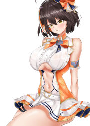 Rule 34 | 1girl, absurdres, arm support, azur lane, bad id, bad pixiv id, baltimore (azur lane), baltimore (muse) (azur lane), belt, bow, breasts, brown hair, buckle, center opening, clothing cutout, commentary, hair bow, hamu (yuni0349), heart, heart-shaped buckle, high collar, highres, huge breasts, looking at viewer, medium hair, navel, navel cutout, orange bow, sitting, sleeveless, solo, thighs, underboob, yellow eyes