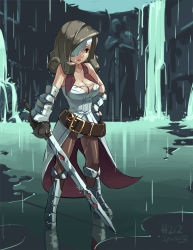 Rule 34 | 00s, 1girl, 2013, armor, beatrix, belt, breasts, brown hair, cleavage, dated, eyepatch, final fantasy, final fantasy ix, gauntlets, gloves, greaves, hand on own hip, highres, junkpuyo, large breasts, long hair, pantyhose, rain, solo, square enix, sword, weapon, wet