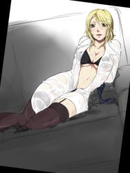 Rule 34 | 10s, 1girl, alternate legwear, arms behind back, bdsm, black bra, black panties, black thighhighs, blonde hair, blush, bondage, bound, bra, breasts, brown eyes, cleavage, coat, couch, dripping, dutch angle, garter straps, karanomori shion, lab coat, large breasts, lipstick, long hair, lying, makeup, navel, nearly naked labcoat, neko majin, on side, open clothes, open coat, panties, psycho-pass, ribbon, ribbon bondage, solo, thighhighs, underboob, underwear, wet, wet clothes
