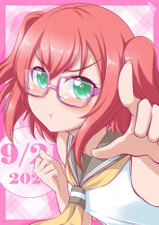 Rule 34 | 1girl, absurdres, aqua eyes, artist name, artist request, bare legs, bare shoulders, bb/bj, blush, breasts, bunji, clenched hand, female focus, glasses, green eyes, hair between eyes, highres, kurosawa ruby, long hair, looking at viewer, love live!, love live! sunshine!!, neckerchief, parted lips, pointing, pointing at viewer, red hair, sailor collar, school uniform, shirt, short hair, short sleeves, smile, solo, twintails, two side up, uranohoshi school uniform, white shirt, yellow neckerchief