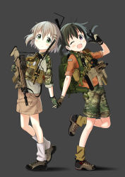 Rule 34 | 10s, 2girls, ;d, assault rifle, backpack, bag, black background, black hair, blush, brown hair, camouflage, fn scar, full body, gloves, green eyes, gun, hair ornament, hairclip, highres, holding, holding gun, holding hands, holding weapon, interlocked fingers, kuraue hinata, load bearing vest, looking at viewer, military, multiple girls, muzzle device, one eye closed, open mouth, purple eyes, rifle, school uniform, scope, shirt, shoes, short hair, shorts, skirt, smile, tianran jiyou, twintails, v, w, walkie-talkie, weapon, yama no susume, yukimura aoi