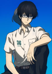 Rule 34 | 2boys, asada hachi, back-to-back, black hair, black pants, blue-framed eyewear, blue background, blue eyes, buttons, closed mouth, collared shirt, commentary request, dress shirt, frown, glasses, hair between eyes, highres, looking down, looking to the side, male focus, multiple boys, nine (zankyou no terror), pants, rectangular eyewear, school uniform, shirt, shirt tucked in, short hair, simple background, sitting, twelve (zankyou no terror), twitter username, watermark, white shirt, zankyou no terror