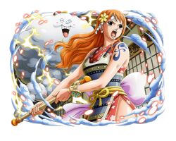 Rule 34 | bandaid, brown eyes, clima-tact, cloud, hair ornament, holding, holding polearm, holding weapon, japanese clothes, long hair, nami (one piece), official art, one piece, one piece treasure cruise, open mouth, orange hair, polearm, tattoo, weapon, zeus (one piece)