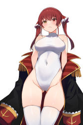 Rule 34 | 1girl, absurdres, bare shoulders, black coat, blush, breasts, closed mouth, coat, competition swimsuit, covered navel, gnns, groin, hair ribbon, heterochromia, highleg, highleg swimsuit, highres, hololive, houshou marine, large breasts, leotard, long hair, looking at viewer, off shoulder, one-piece swimsuit, red eyes, red hair, red ribbon, ribbon, solo, swimsuit, thighhighs, thighs, twintails, virtual youtuber, white background, white leotard, white thighhighs, yellow eyes