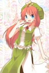 Rule 34 | 10s, 1girl, 2012, :d, bad id, bad pixiv id, blue eyes, bow, braid, female focus, finger to mouth, hair bow, hat, highres, hong meiling, koza, kozakura (dictionary), long hair, open mouth, red hair, side slit, single braid, smile, solo, star (symbol), touhou