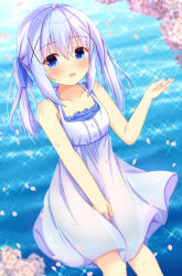 Rule 34 | 1girl, :d, bare arms, bare shoulders, blue eyes, blue hair, blurry, blurry background, blush, breasts, cherry blossoms, collarbone, commentary request, depth of field, dress, flower, gochuumon wa usagi desu ka?, hair between eyes, hair ornament, hand up, kafuu chino, kedama (kedama akaza), long hair, looking at viewer, open mouth, petals, pink flower, sidelocks, sleeveless, sleeveless dress, small breasts, smile, solo, sparkle, twintails, water, white dress, x hair ornament