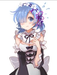 Rule 34 | 10s, 1girl, alternate hairstyle, apron, black bow, blue eyes, blue hair, blush, bow, breasts, cleavage, closed mouth, detached sleeves, dress, eyelashes, flying sweatdrops, frills, hair ornament, hair over one eye, hair ribbon, hair up, hairband, issign, looking at viewer, low twintails, maid, matching hair/eyes, medium breasts, one eye covered, re:zero kara hajimeru isekai seikatsu, rem (re:zero), ribbon, short twintails, simple background, sketch, solo, twintails, upper body, wavy mouth, white apron, white background, white bow, x hair ornament