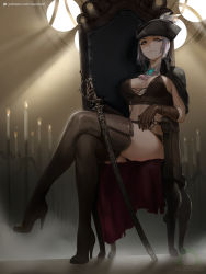 Rule 34 | 1girl, ascot, black footwear, blood, blood stain, bloodborne, blood on clothes, boots, breasts, brooch, brown gloves, candle, chair, cleavage, ascot, crop top, gloves, hat, hat feather, high collar, high heel boots, high heels, jacket, jacket on shoulders, jewelry, lady maria of the astral clocktower, large breasts, crossed legs, nextoad, rakuyo (bloodborne), silver hair, sitting, sword, thigh boots, thighhighs, tricorne, weapon