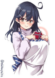 Rule 34 | 1girl, ahoge, apron, black hair, blush, box, breasts, brown eyes, candy, casual, chocolate, chocolate heart, contemporary, cowboy shot, ebifurya, food, from side, hair between eyes, heart, heart-shaped box, highres, holding, kantai collection, large breasts, lavender shirt, light smile, long hair, long sleeves, looking at viewer, solo, turtleneck, twitter username, ushio (kancolle), white background