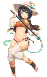 Rule 34 | 1girl, :o, anklet, aqua eyes, arm warmers, barefoot, black hair, breasts, capelet, cleavage, crescent, crop top, feet, full body, hat, hat ribbon, highres, holding, holding wand, jewelry, looking at viewer, medium breasts, midriff, navel, no panties, original, ribbon, sasaame, short hair, simple background, solo, strapless, toeless legwear, toes, triangle mouth, tube top, wand, white background, witch, witch hat