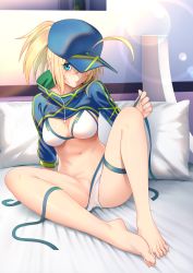 Rule 34 | 1girl, absurdres, ahoge, artoria pendragon (fate), bare legs, barefoot, baseball cap, bikini, blonde hair, blue eyes, blue hat, blue jacket, breasts, cleavage, commentary request, cropped jacket, fate/grand order, fate (series), feet, full body, hat, highres, indoors, jacket, knee up, lens flare, long hair, looking at viewer, medium breasts, mikoma sanagi, mysterious heroine x (fate), mysterious heroine xx (fate), navel, parted lips, partially visible vulva, pillow, ponytail, sitting, solo, sweatdrop, swimsuit, toenails, toes, untied bikini, white bikini, zipper