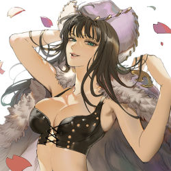 Rule 34 | 1girl, bad id, bad pixiv id, black bustier, black hair, blue eyes, breasts, bustier, cape, cherry blossoms, cleavage, collarbone, commentary, cowboy hat, cross-laced clothes, eyelashes, fur-trimmed cape, fur trim, grin, hands in hair, hat, large breasts, lips, long hair, looking at viewer, navel, nico robin, one piece, parted lips, petals, runa (nori31291404), simple background, smile, solo, upper body, white background, white hat
