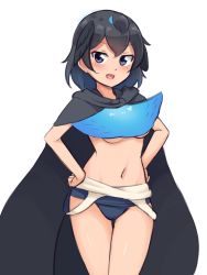 Rule 34 | 1girl, :d, absurdres, adapted costume, black cape, black hair, blue eyes, blue one-piece swimsuit, breasts, cape, clothes pull, commentary, cowboy shot, groin, hands on own hips, head wings, highres, kemono friends, looking at viewer, medium breasts, navel, one-piece swimsuit, one-piece swimsuit pull, open mouth, school swimsuit, shiraha maru, short hair, simple background, smile, solo, superb bird-of-paradise (kemono friends), swimsuit, thigh gap, underboob, white background, wings