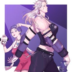 Rule 34 | 2girls, bare shoulders, belt, black pants, black tank top, cowboy shot, dorohedoro, dress, earrings, ebisu (dorohedoro), grey hair, hand up, height difference, highres, jewelry, long hair, multiple girls, muscular, muscular female, necklace, noi (dorohedoro), pants, park ongjol, profile, purple eyes, purple hair, red dress, short hair, tall female, tank top, tongue, tongue out, v