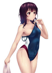 Rule 34 | 1girl, armpits, bare arms, bare shoulders, blush, breasts, cleavage, collarbone, competition swimsuit, covered navel, cowboy shot, highres, holding, looking afar, one-piece swimsuit, original, purple hair, red eyes, short hair, simple background, solo, standing, swimsuit, thighs, toumin, towel, water, water drop, wet, wet clothes, wet swimsuit, white background
