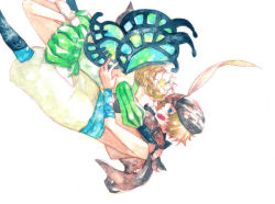Rule 34 | 1boy, 1girl, blonde hair, blue eyes, braid, butterfly wings, choker, couple, fairy, flower, hair flower, hair ornament, hat, hat feather, hetero, hug, ingway (odin sphere), insect wings, mercedes (odin sphere), odin sphere, puff and slash sleeves, puffy shorts, puffy sleeves, rina (michishirube), rina (pixiv), scarf, short hair, shorts, topless, turban, wings