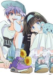 Rule 34 | 1boy, 1girl, absurdres, alluka zoldyck, baseball cap, black hair, blue eyes, blue shorts, brother and sister, dress, grey hair, hat, highres, hunter x hunter, jacket, killua zoldyck, long hair, minato x3710, open mouth, purple footwear, shirt, shoes, short hair, shorts, siblings, simple background, sitting, smile, sneakers, stuffed animal, stuffed toy, white background, white dress, white shirt